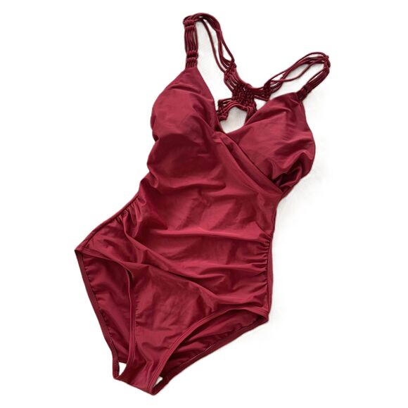 Merona Swimsuit S Small Macrame Burgundy Red One Piece V Neck Ruched Padded - Picture 1 of 7